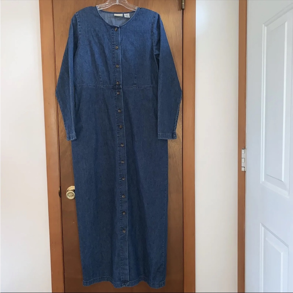 Women’s 8 TALL  L.L. BEAN Blue Cotton Denim Button Up L/S Long Ankle Dress EXC
